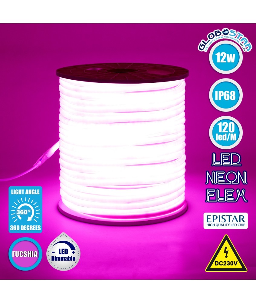 GLOBOSTAR® NEOTUBE 70597 Ταινία Neon Flex LED 12W-m 600lm-m 360° DC 220-240V Αδιάβροχο IP65 120 x SMD2835 Chip-m Ροζ Dimmable - Sanan SMD Chip - Μ100 x Π1.3 x Υ1.3cm - 3 Χρόνια Εγγύηση